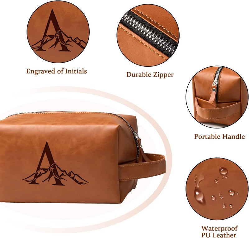 Aganmi Personalized Gifts Travel Toiletry Bag for Men Engraved Initial PU Leather Waterproof Shaving Bag for Toiletries Accessories Fathers Day Birthday Gift for Men Dad Husband Son, Light Brown M - Image 4